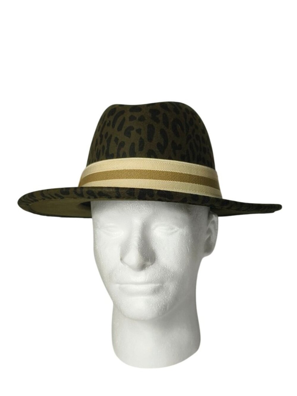 Adult Fedora Hat Leopard Print Olive Green Cream Band
